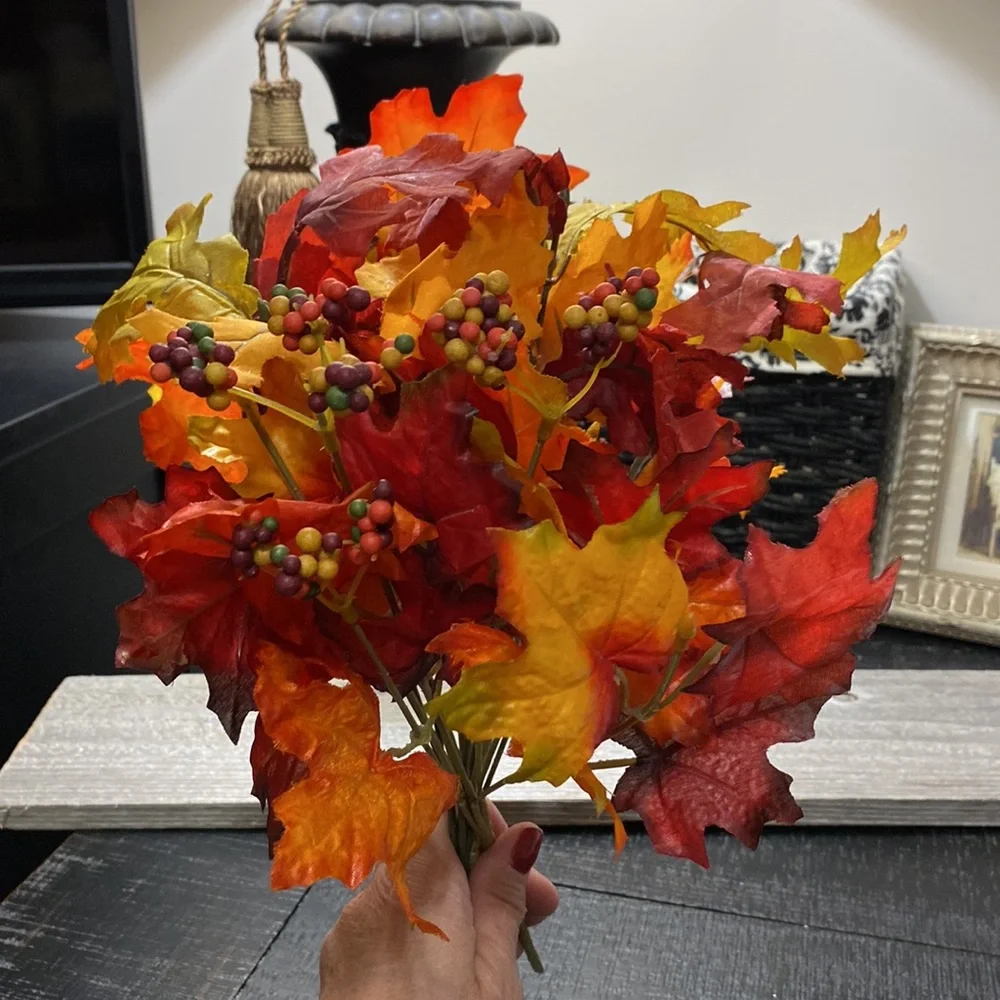 Set Of 3 Autumn Faux Silk Leaf Stems with Red and Orange Accents! - Picture 2 of 2